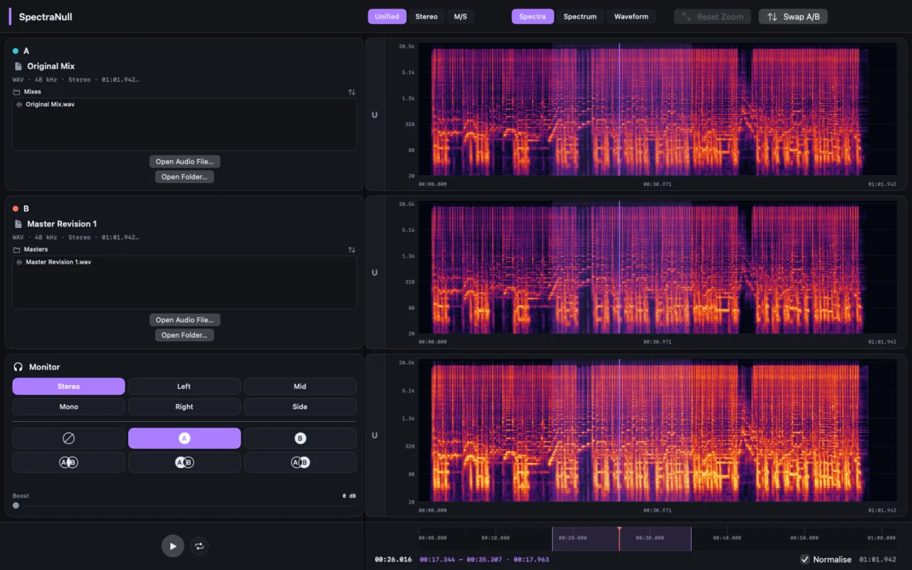 SpectraNull with independent Mixes and Masters folder lists inside the A and B source panes