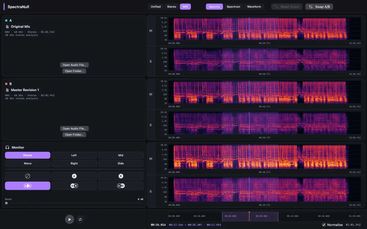 Track A and B displayed as Mid and Side spectrograms with Common content monitored