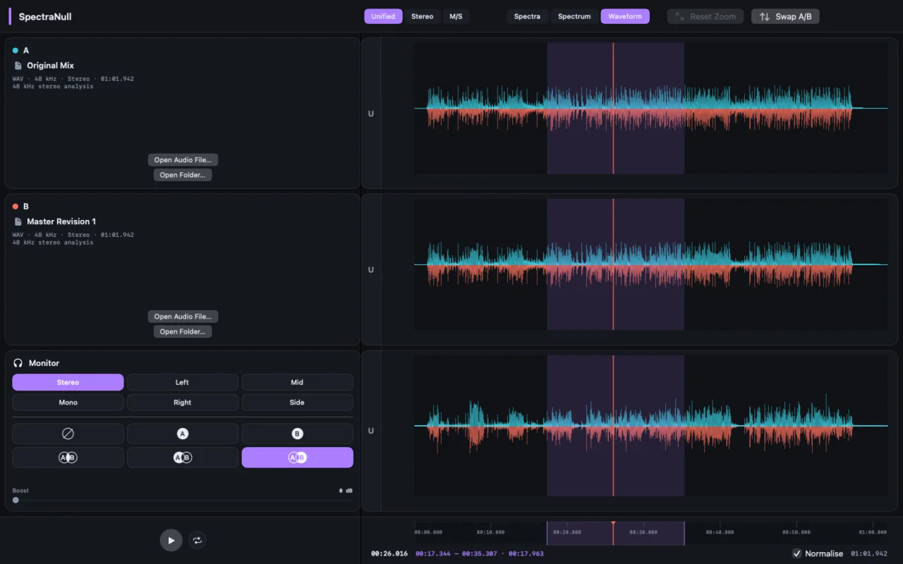 Unified waveform display with Only in B selected, a shared selection and playhead
